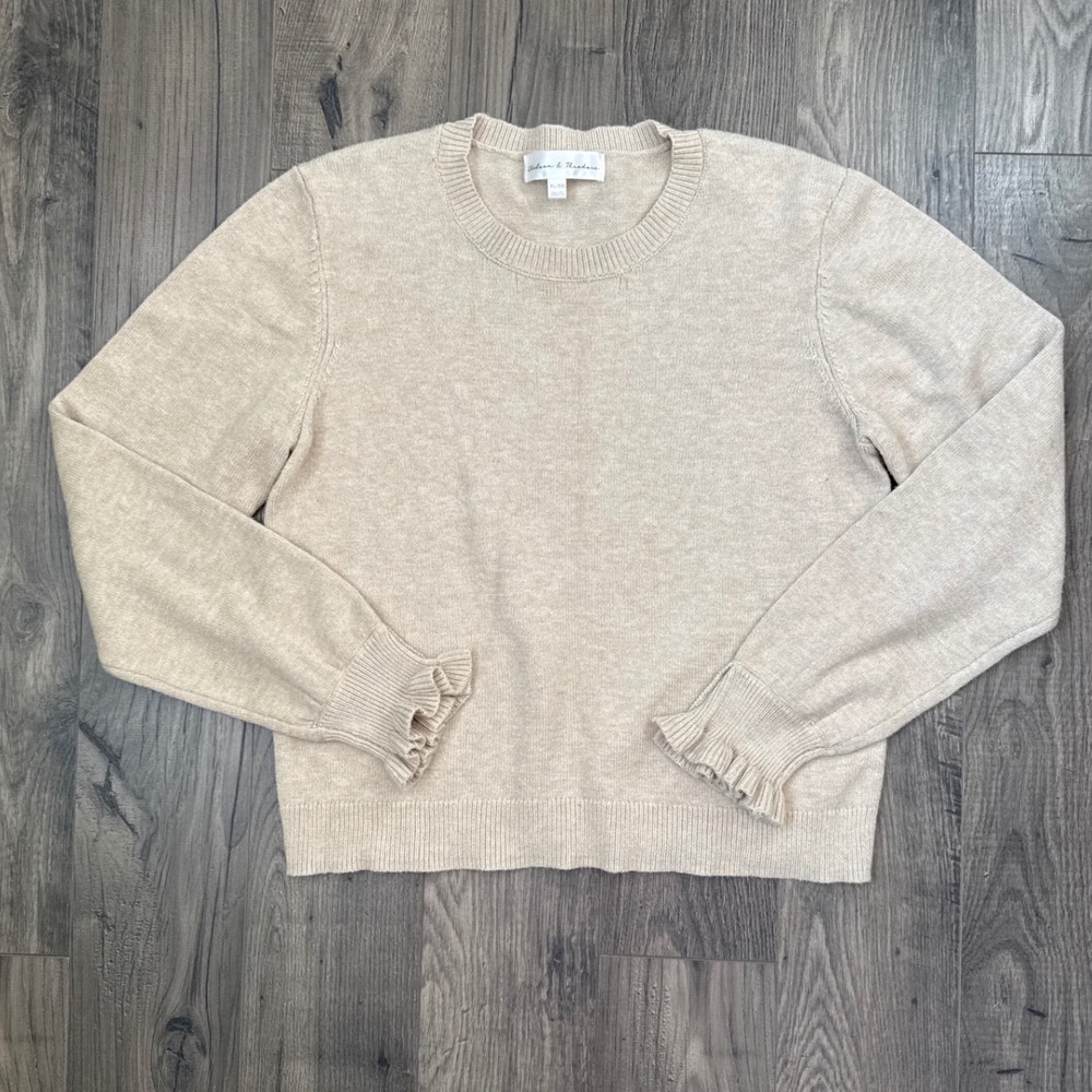 Chelsea Theodore Womens Sweater XL Beige Heart Button Ruffle Cuff Pullover Knit